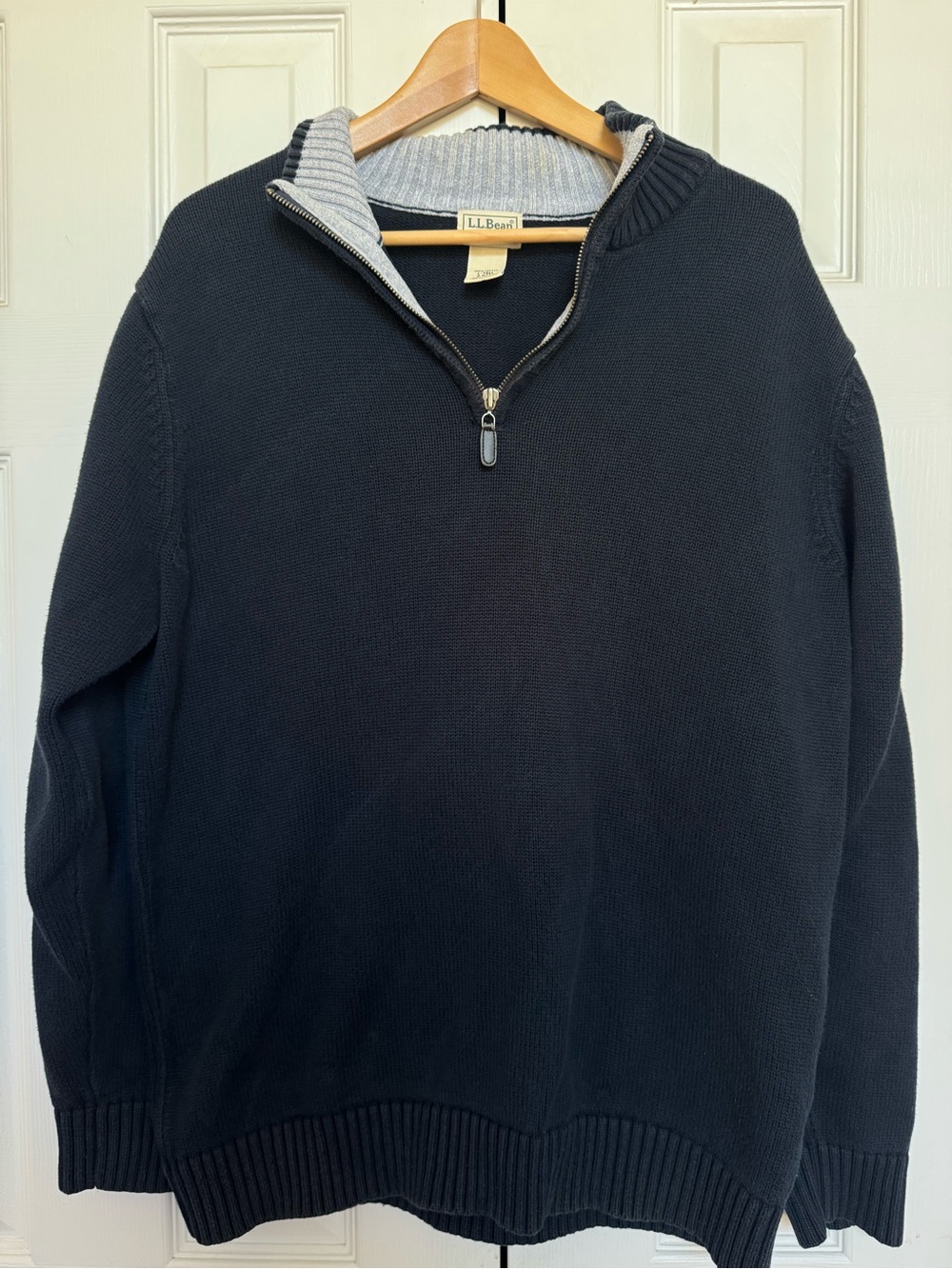 L.L. Bean Men's Large Tall 1/4 Zip Sweater Navy Blue Cotton Knit Mock Neck